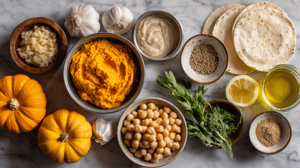 Pumpkin hummus and gluten-free pita chip ingredients on marble