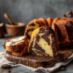 Gluten free marble bundt cake sliced on rustic wood table