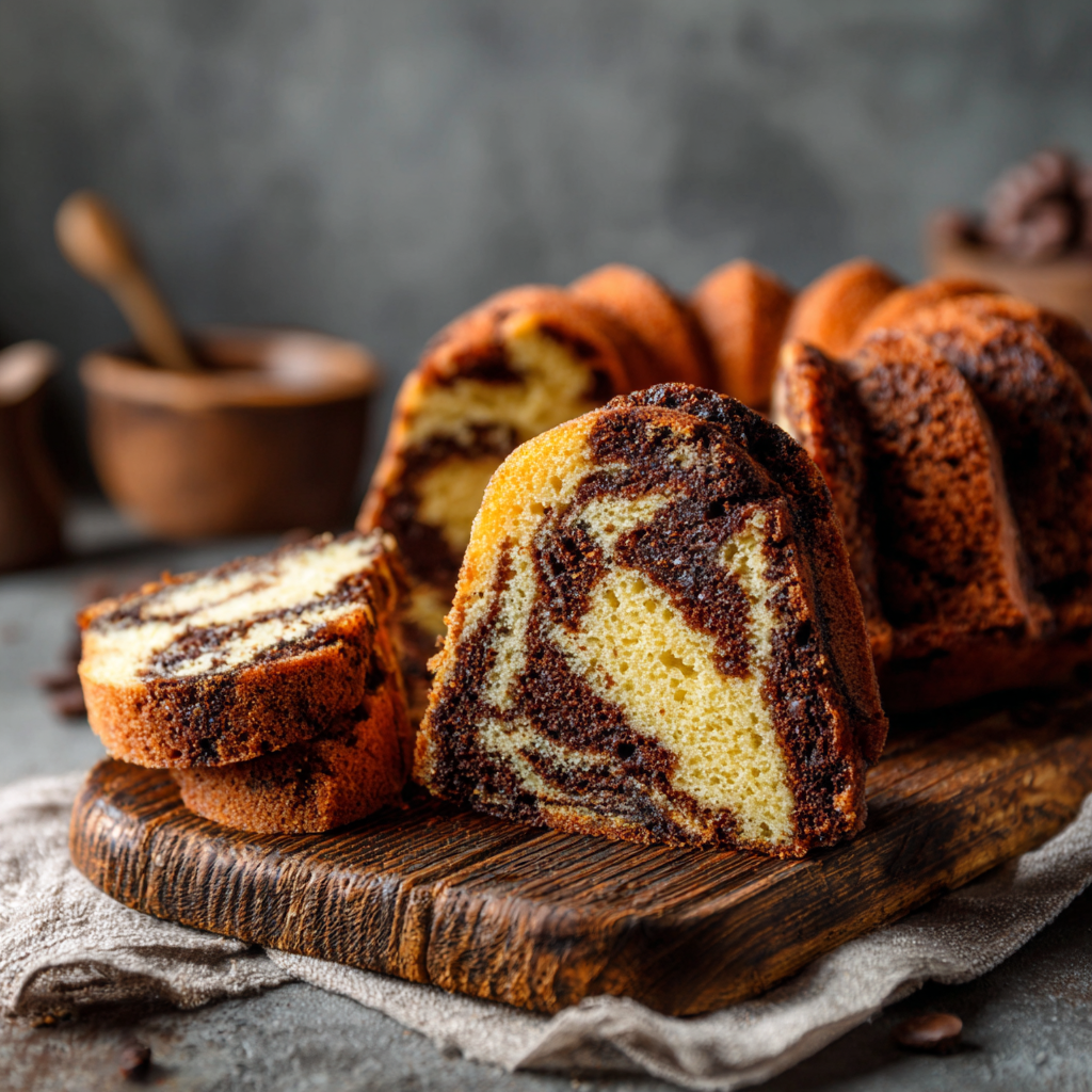 Gluten free marble bundt cake sliced on rustic wood table