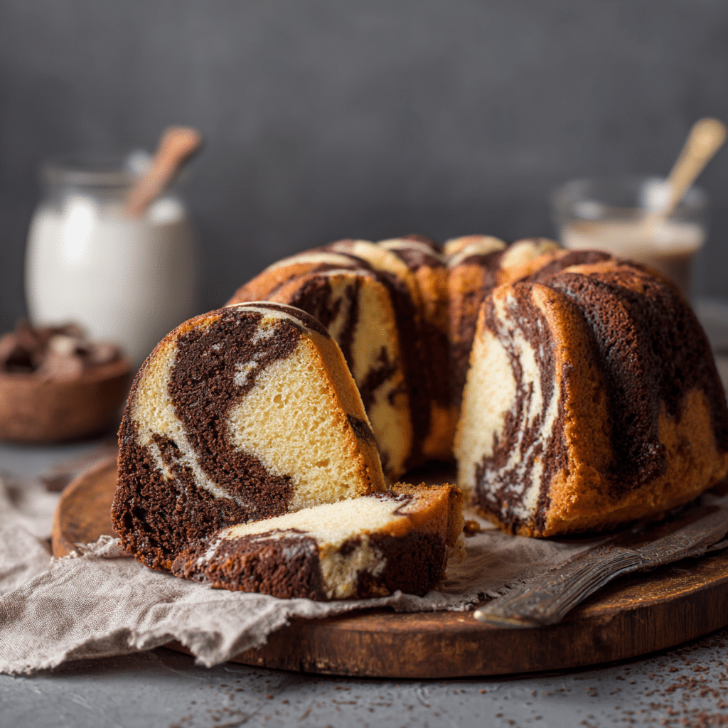 Gluten free marble bundt cake sliced on rustic wood table