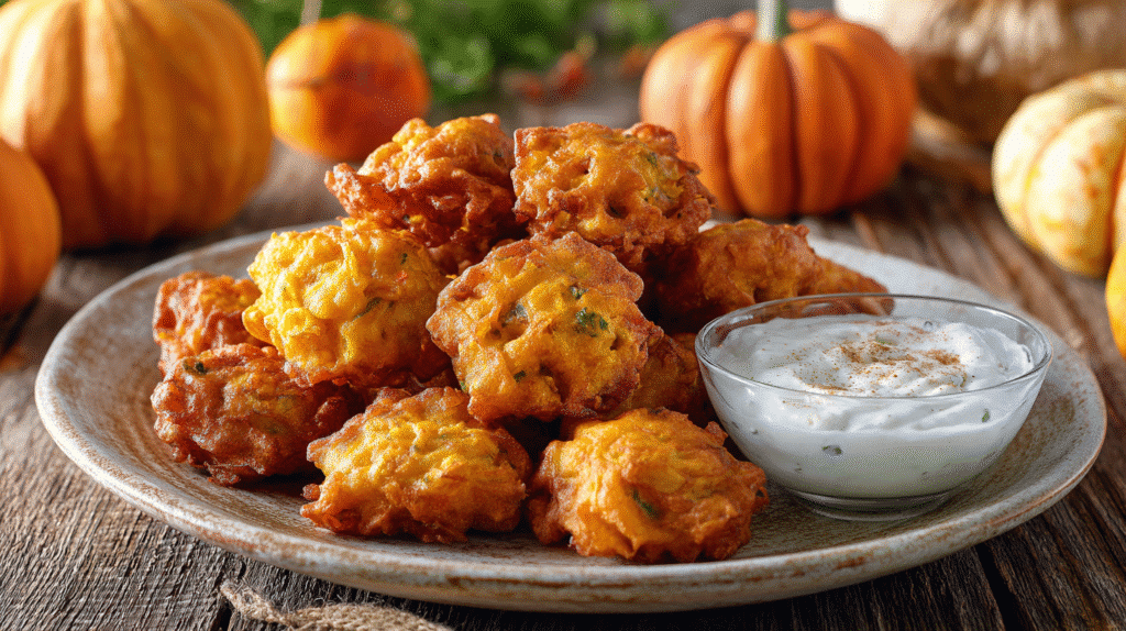 Mini Pumpkin Fritters with Cinnamon Yogurt Dip gluten free on plate