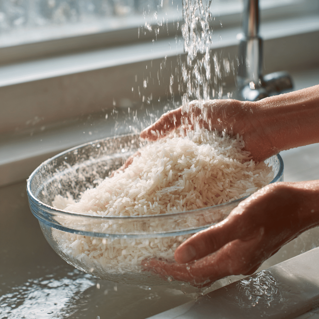 Rinsing jasmine rice under water for coconut milk rice pudding gluten free