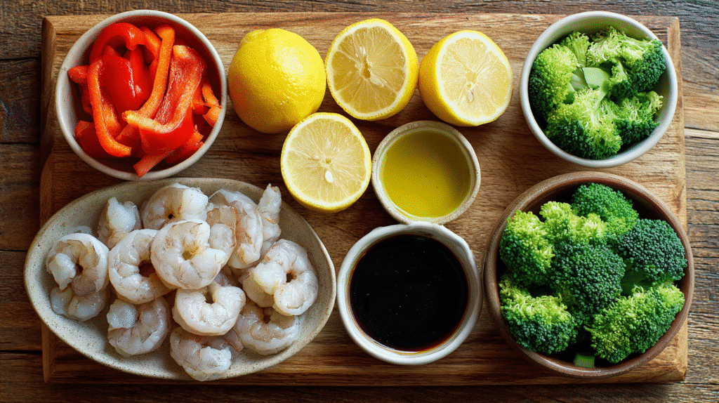 Ingredients for lemon pepper shrimp stir fry