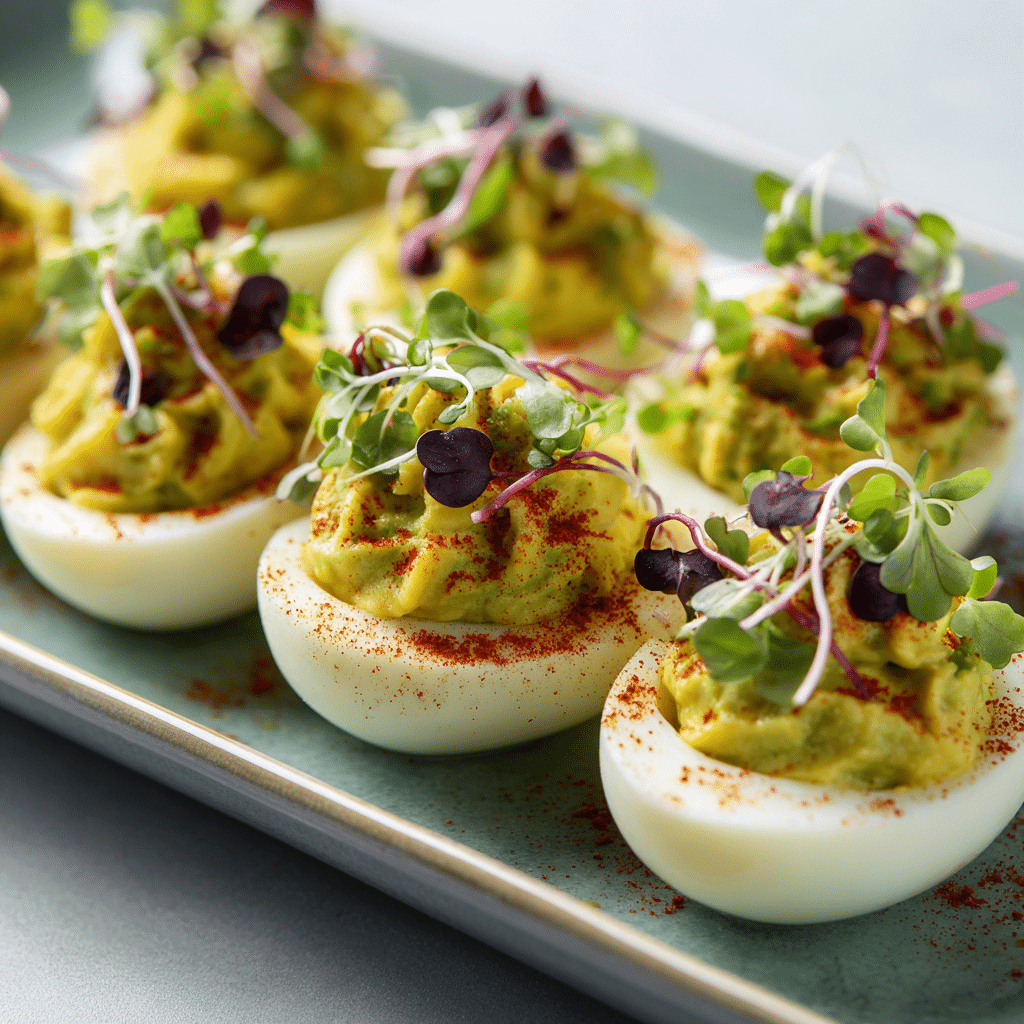 Garnished Avocado Deviled Eggs on Serving Plate
