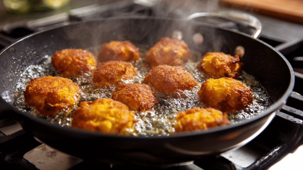 Mini Pumpkin Fritters gluten free cooking in pan