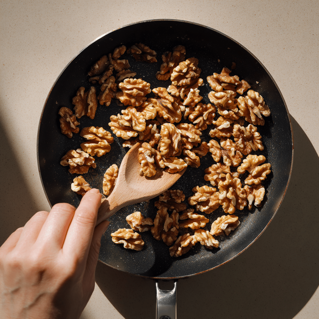Toasting walnuts in a skillet for blue cheese bites
