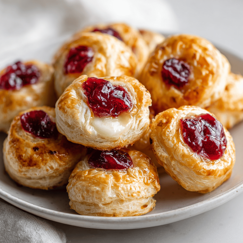 Cranberry Brie Bites made with gluten-free puff pastry on a white platter