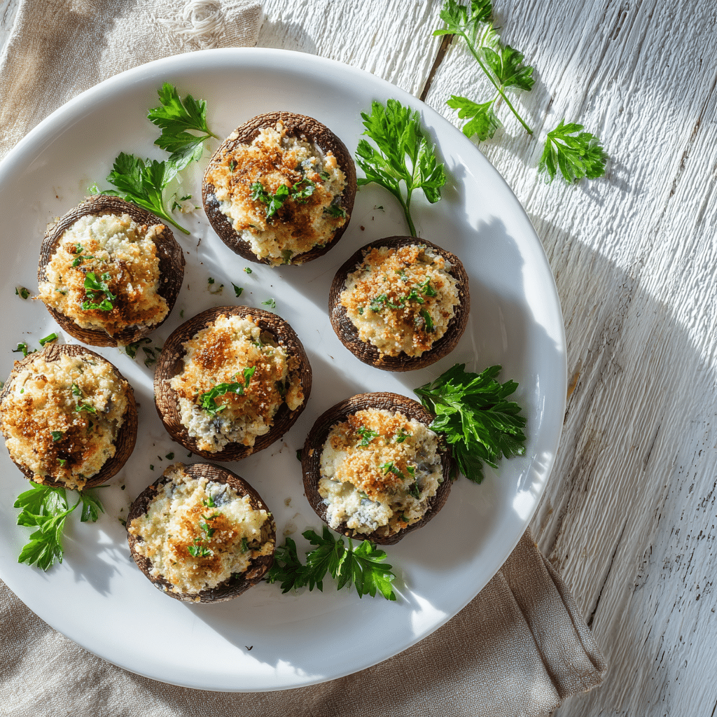 Filling mushroom caps with cream cheese and herbs