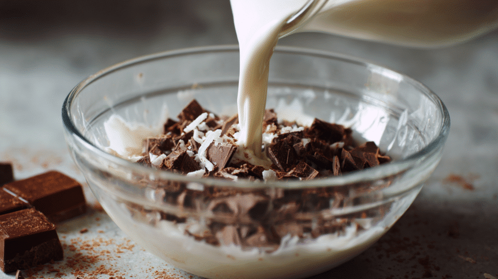Pouring coconut milk over chocolate for truffle base