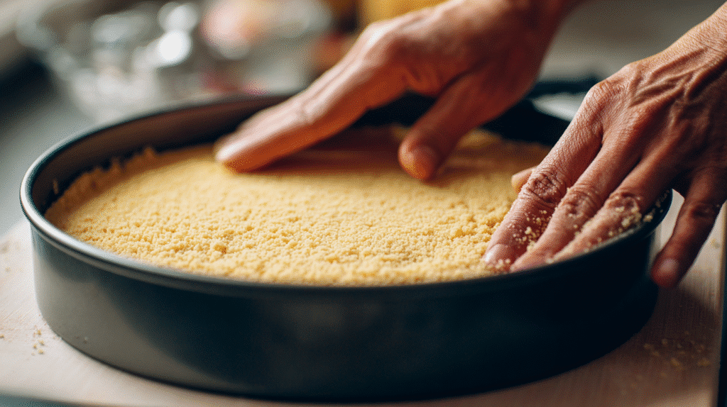 pressing gluten free cheesecake crust into pan