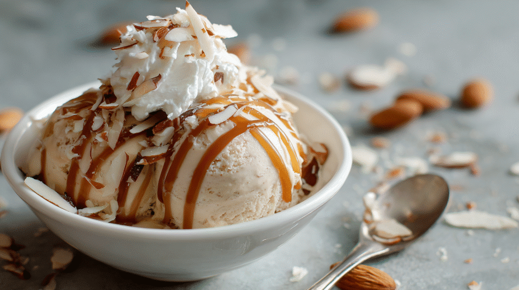 Banana Nice Cream Gluten Free Dairy Free in a rustic bowl