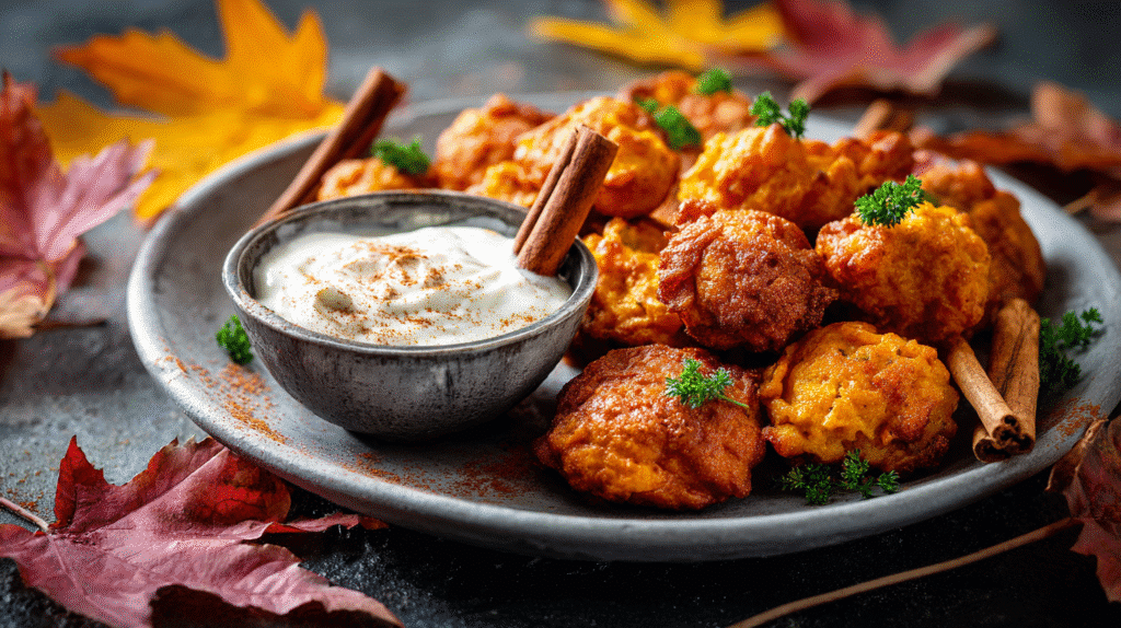 Served Mini Pumpkin Fritters with Cinnamon Yogurt Dip gluten free