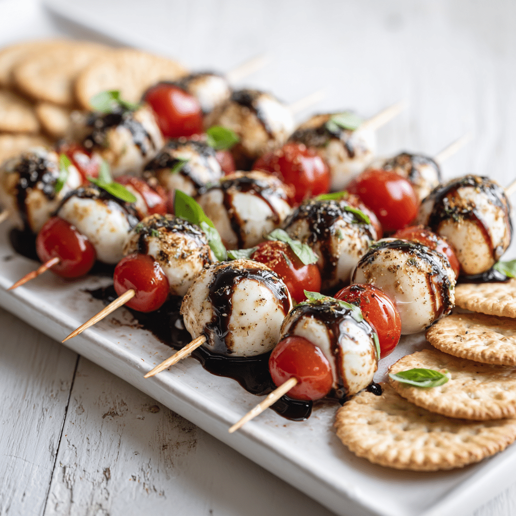Caprese Skewers served with balsamic reduction on platter