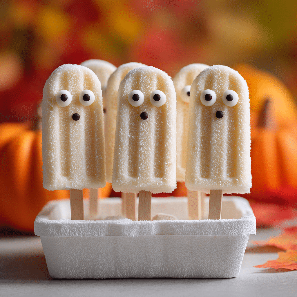 Ghostly Banana Pops on white marble with candy eyes