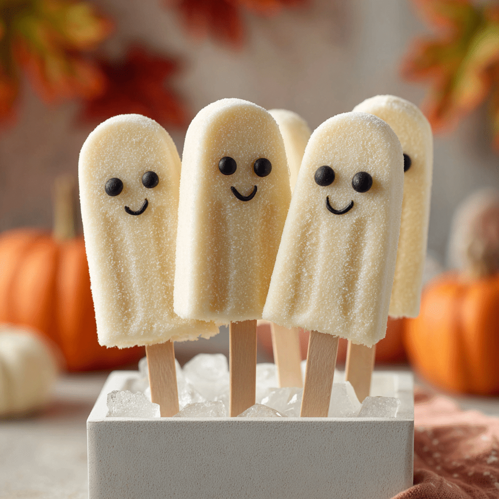Served Ghostly Banana Pops with candy eyes