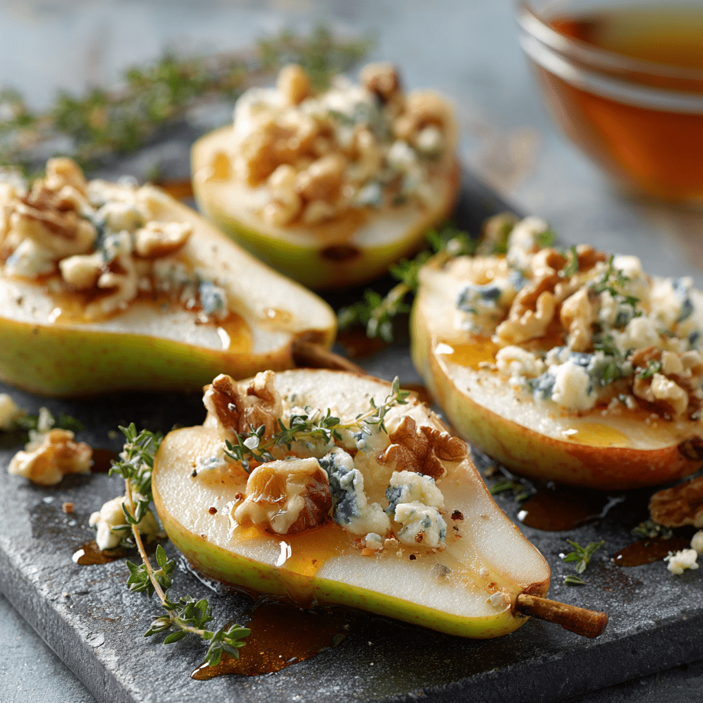 Assembled pear, walnut, and blue cheese appetizer bites