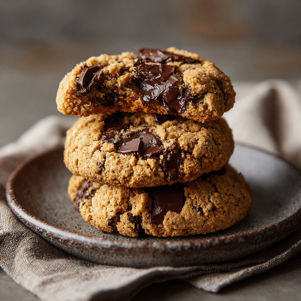 Stack of gooey vegan gluten free chocolate chip cookies served on a plate