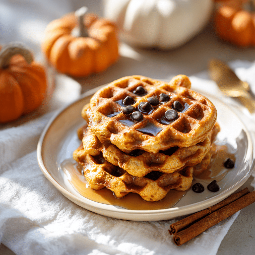 Gluten-free Jack O’ Lantern Waffles with maple syrup and fall garnish