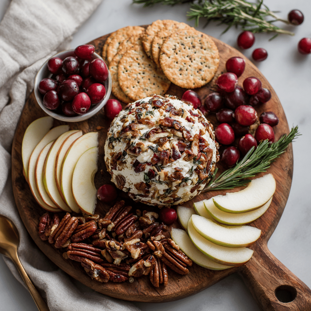 Cranberry Goat Cheese Ball with Gluten Free Crackers on wooden board