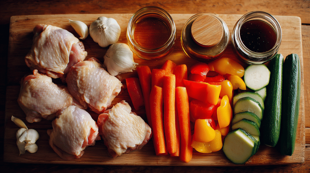 Ingredients for honey garlic chicken und veggie skillet laid out