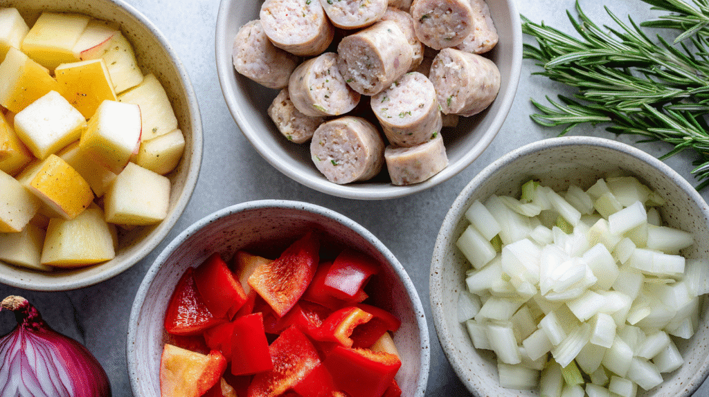 Raw ingredients for chicken apple sausage skewers including sausage, apples, and rosemary