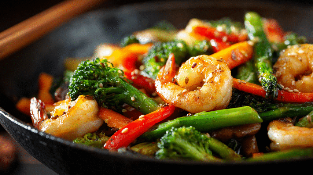 Stir frying shrimp and vegetables in lemon pepper sauce