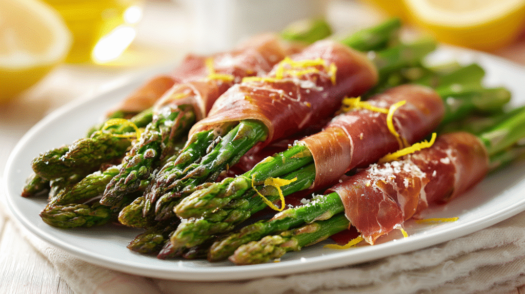 Served Prosciutto-Wrapped Asparagus Garnished