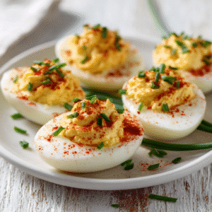 Deviled Eggs with Paprika and Chives on white plate close-up