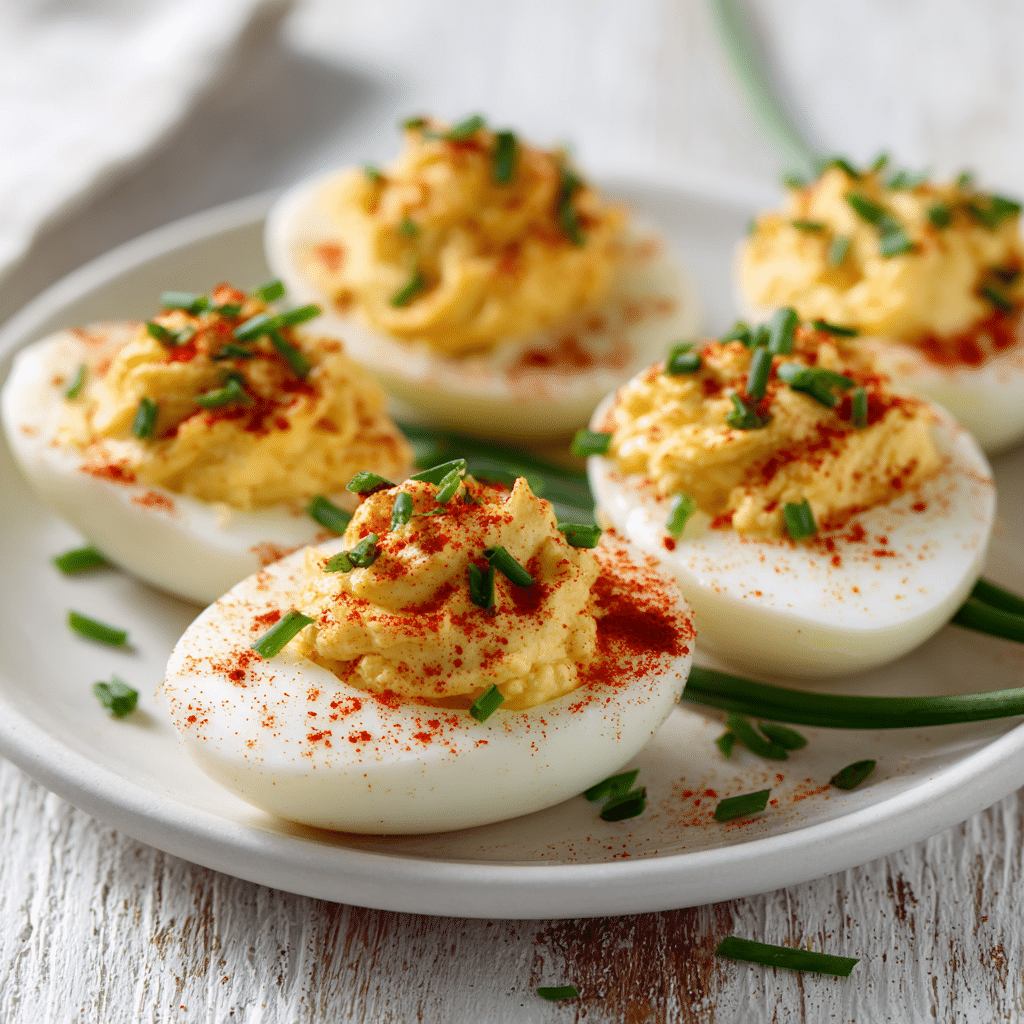 Deviled Eggs with Paprika and Chives on white plate close-up