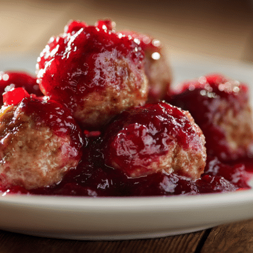 Close-up of turkey meatballs with cranberry glaze on white plate