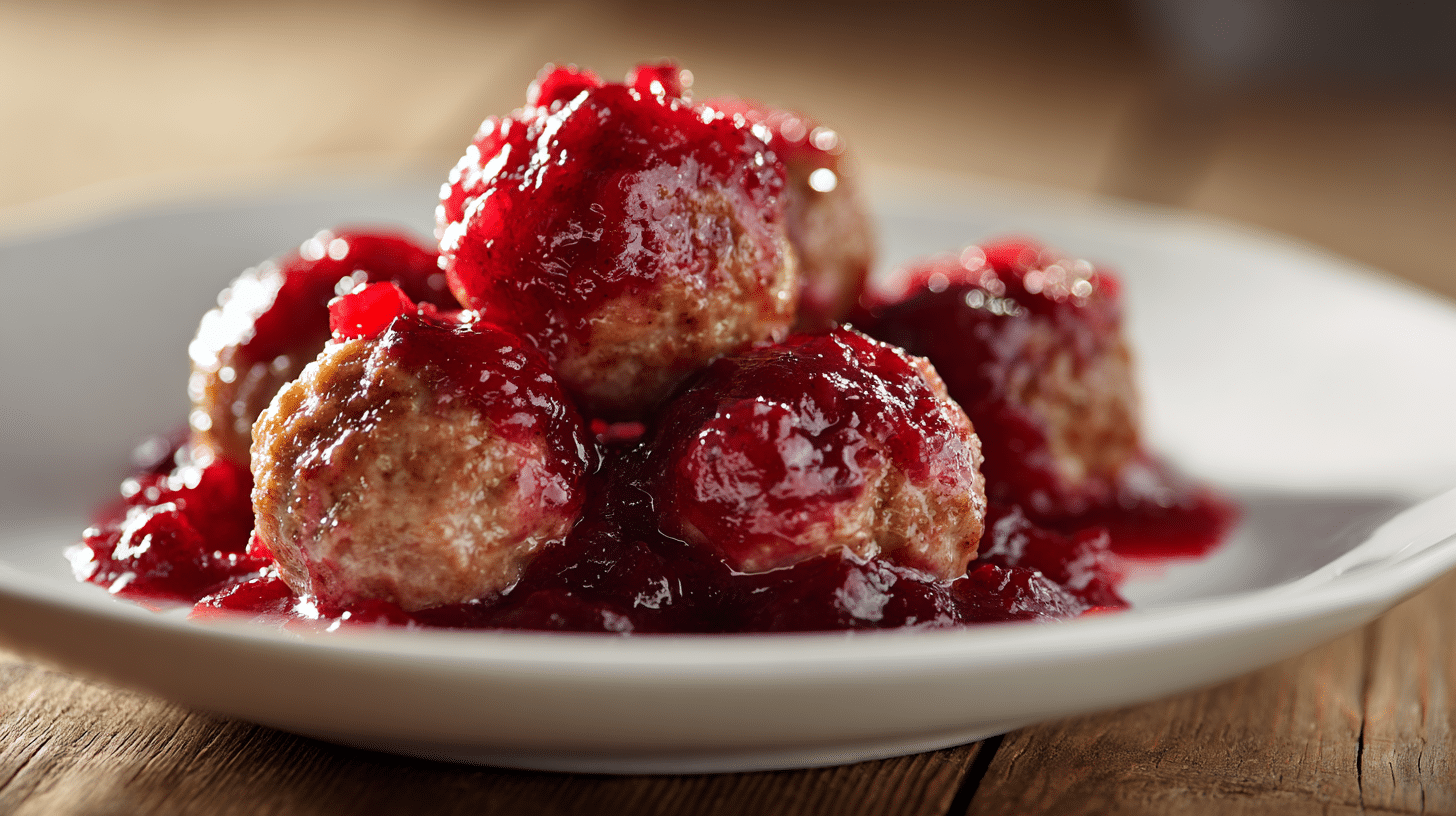 Close-up of turkey meatballs with cranberry glaze on white plate