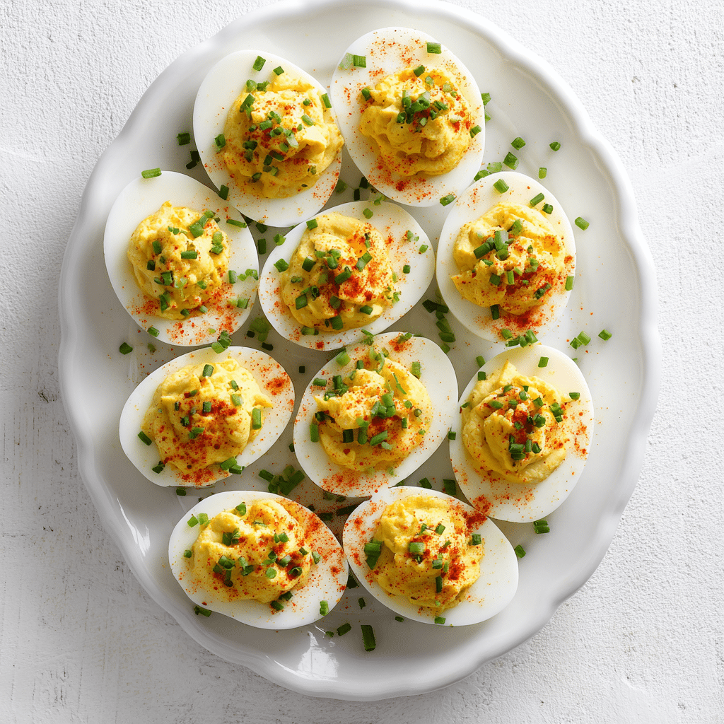 Deviled eggs with paprika and chives on serving platter