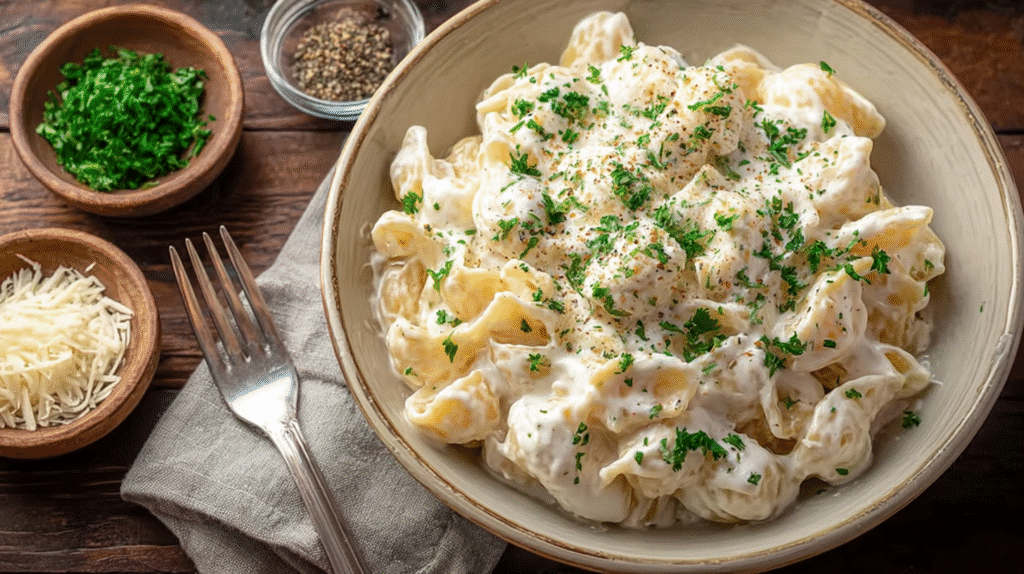 Creamy pasta shells coated in rich white sauce and topped with fresh parsley