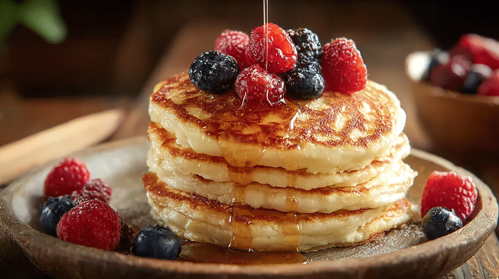 Stack of fluffy pancakes topped with fresh berries and drizzled with maple syrup