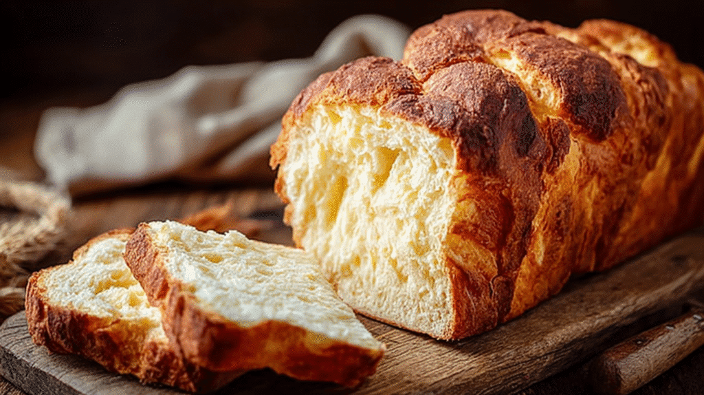 Freshly baked loaf of brioche bread with soft, fluffy texture and golden crust