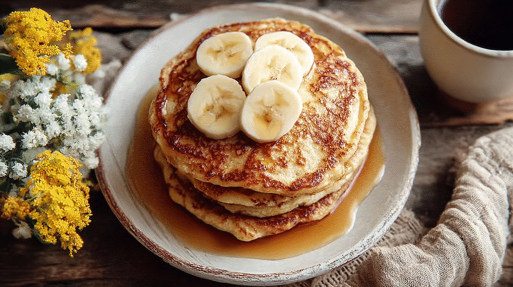 Stack of fluffy banana pancakes drizzled with syrup and topped with banana slices