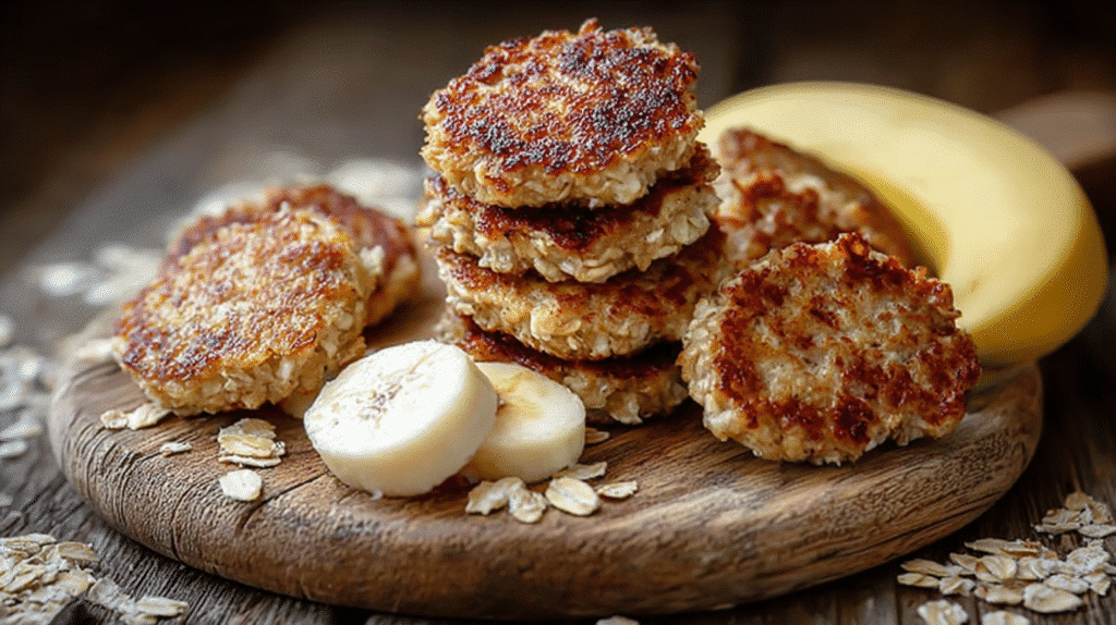 Stack of golden banana oat pancakes on a wooden board with fresh banana slices
