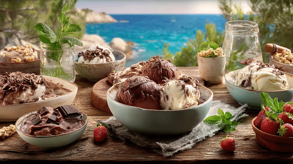 Bowls of chocolate and vanilla ice cream with chocolate shavings and fresh strawberries by the seaside