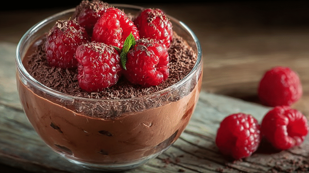 Glass bowl of creamy chocolate mousse topped with fresh raspberries and grated chocolate