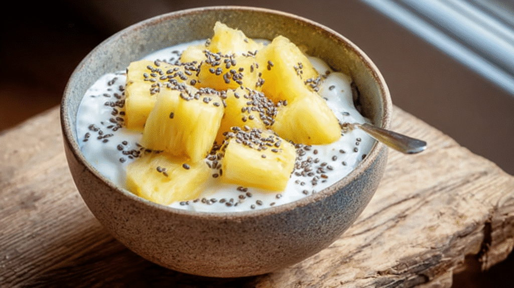 Bowl of creamy yogurt topped with fresh pineapple chunks and chia seeds
