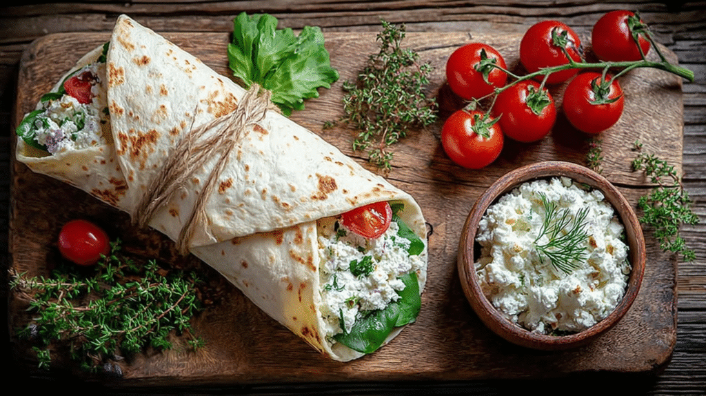 Fresh wrap filled with creamy cheese, spinach, and cherry tomatoes on a rustic wooden board