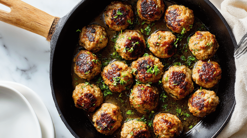 Turkey meatballs browning in a skillet
