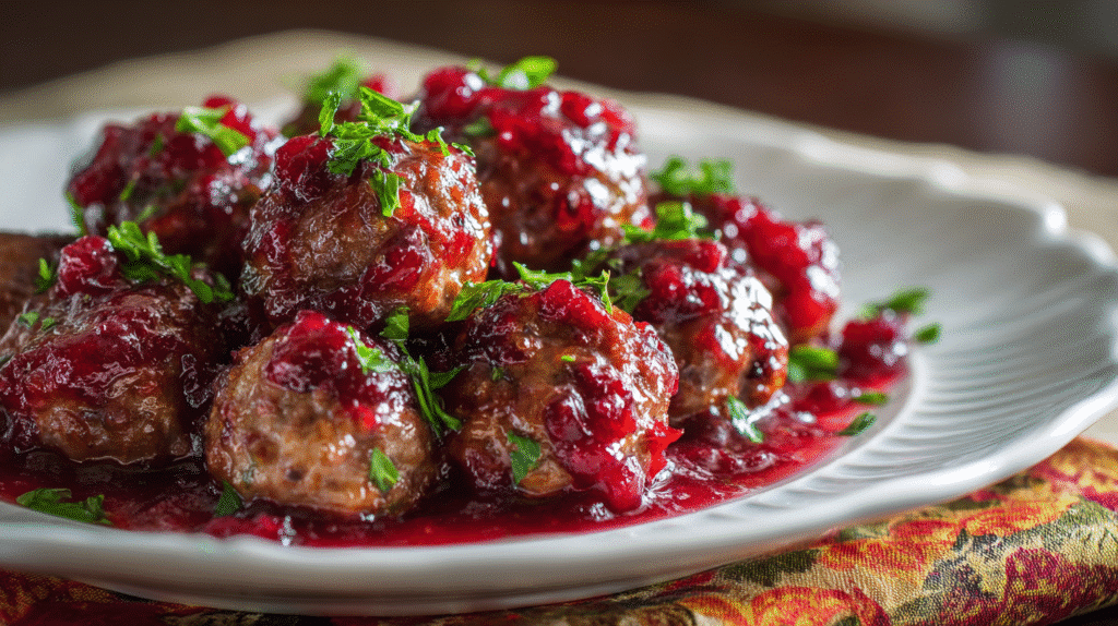 Turkey meatballs with cranberry glaze served on a platter