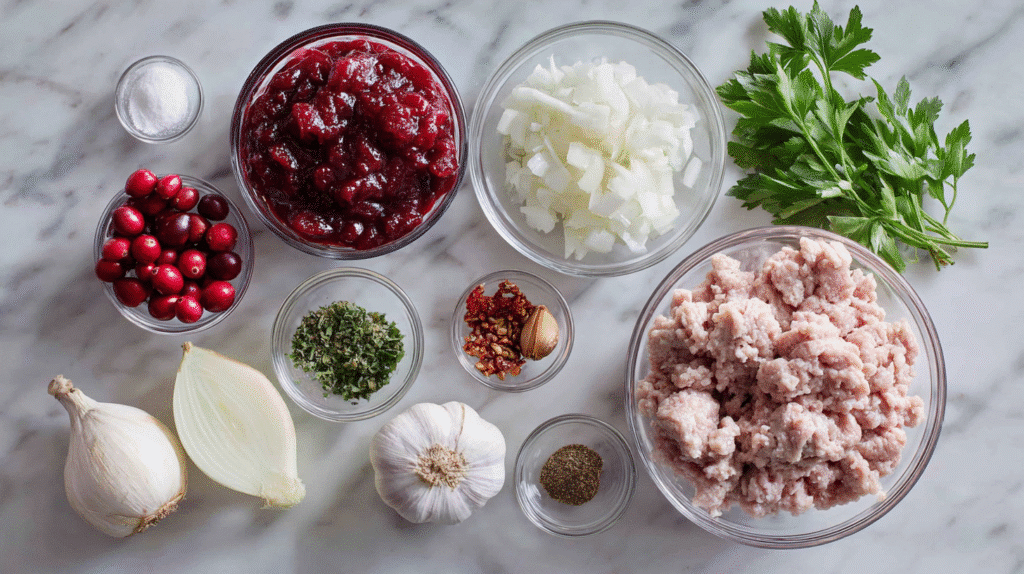 Ingredients for turkey meatballs with cranberry glaze on white surface