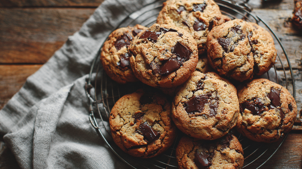 Vegan gluten free chocolate chip cookies cooling on wire rack