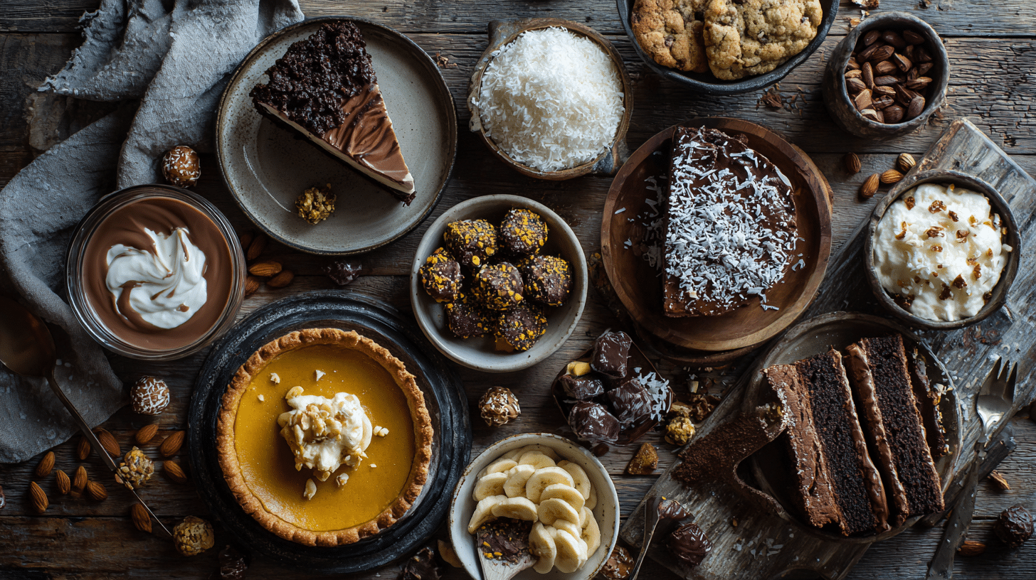 Collage of 10 gluten-free and dairy-free desserts including cake, cookies, pudding, truffles, and banana nice cream