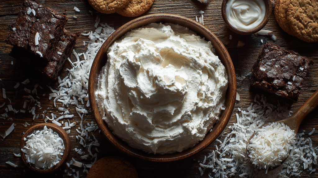 Fluffy coconut whipped cream in a bowl surrounded by gluten free desserts