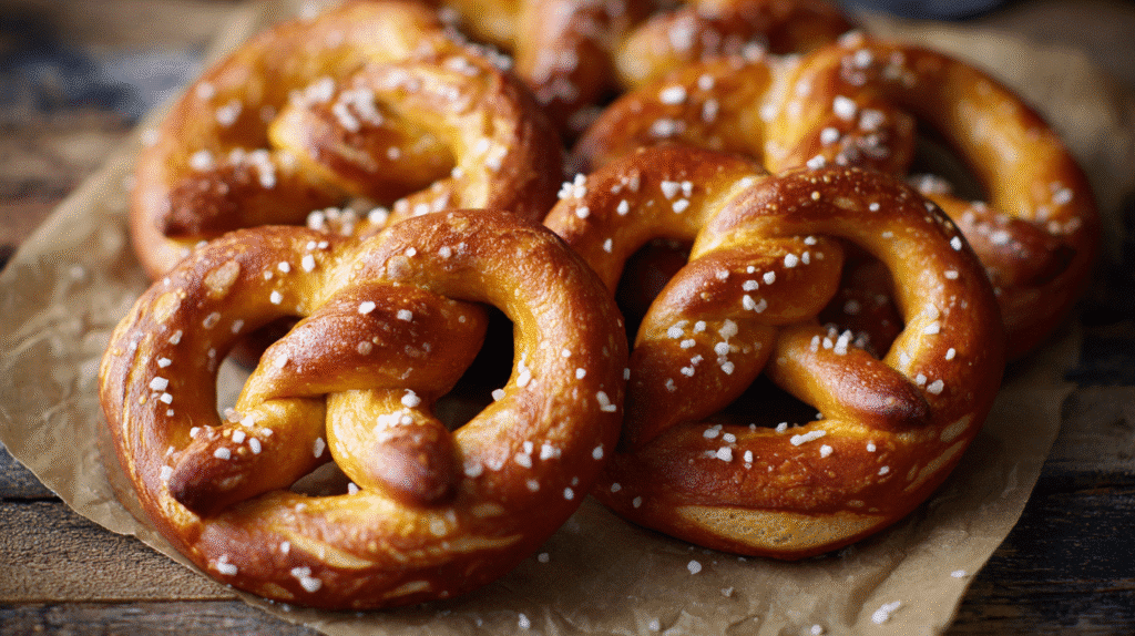 Easy Gluten-Free Soft Pretzels freshly baked on parchment