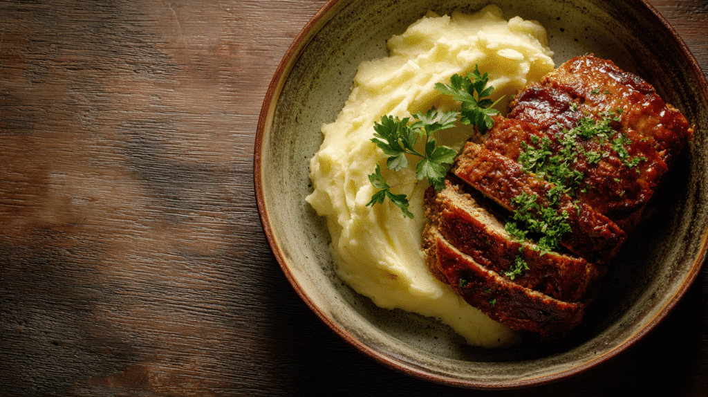 Classic Gluten Free Meatloaf with Mashed Potatoes served on a rustic plate
