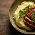 Classic Gluten Free Meatloaf with Mashed Potatoes served on a rustic plate